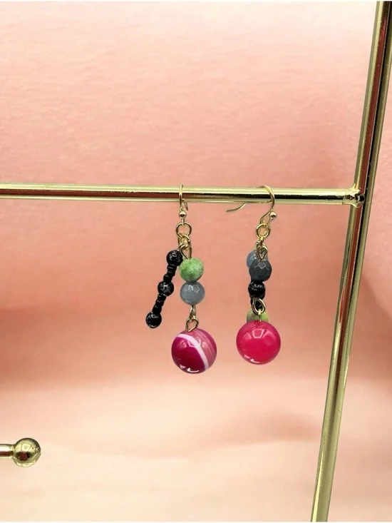 Handcrafted Multicolor Bead Necklace with Pink Drop Earrings - Picture 4 of 9